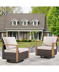 Gymojoy CubeEdge Brown Wicker Patio Swivel Chair Set Outdoor Rocking with CushionGuard Blue Cushions (2-Pack）
