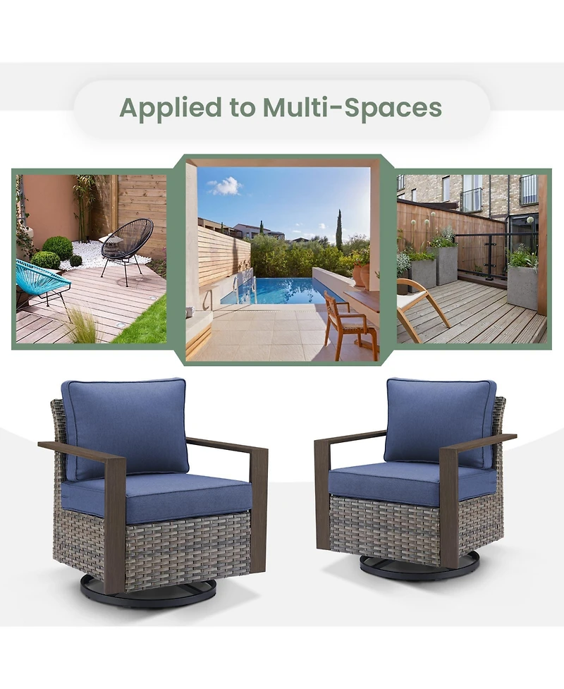Gymojoy CubeEdge Brown Wicker Patio Swivel Chair Set Outdoor Rocking with CushionGuard Blue Cushions (2-Pack）