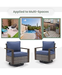 Gymojoy CubeEdge Brown Wicker Patio Swivel Chair Set Outdoor Rocking with CushionGuard Blue Cushions (2-Pack）