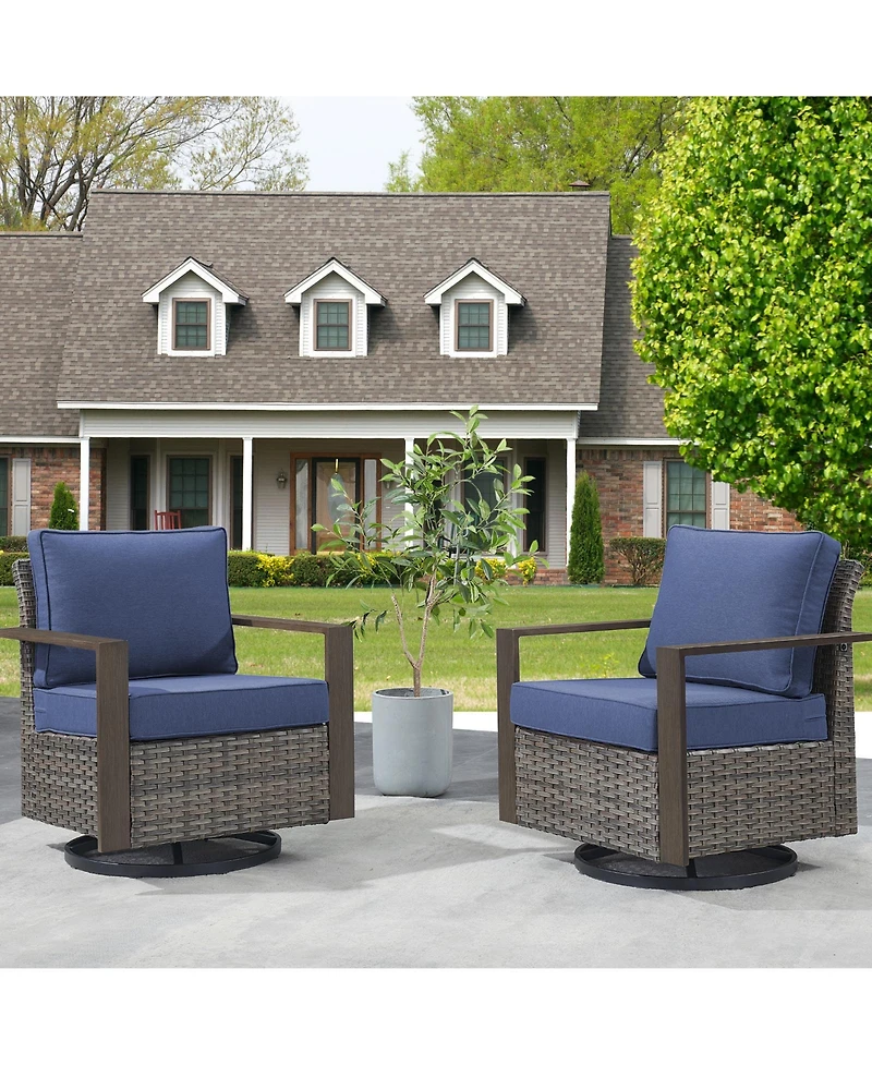 Gymojoy CubeEdge Brown Wicker Patio Swivel Chair Set Outdoor Rocking with CushionGuard Blue Cushions (2-Pack）