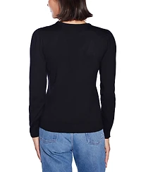 Belldini Women's Puff Sleeve Embellished Neckline Sweater