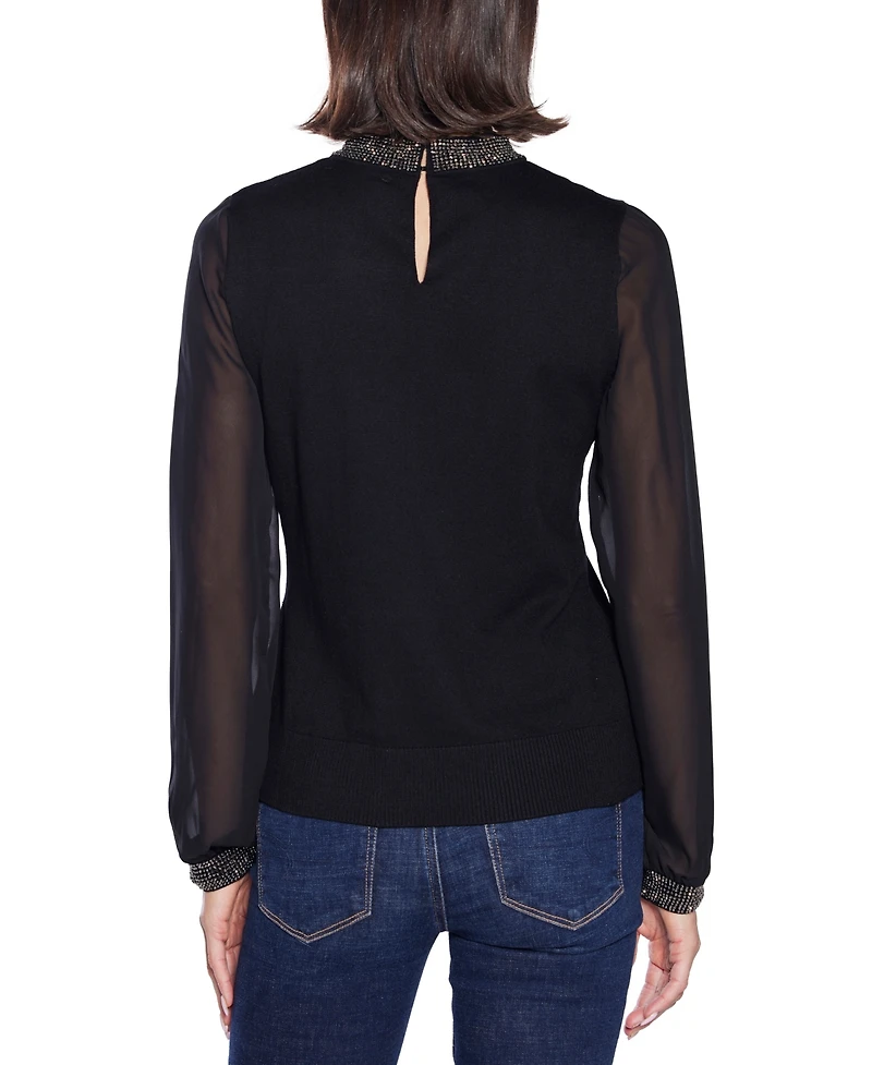 Belldini Women's Black Label Rhinestone-Zip Cardigan Sweater