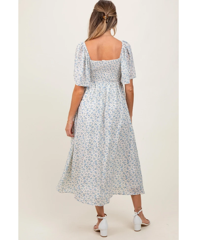 Pinkblush Maternity Blue Floral Front Tie Midi Dress