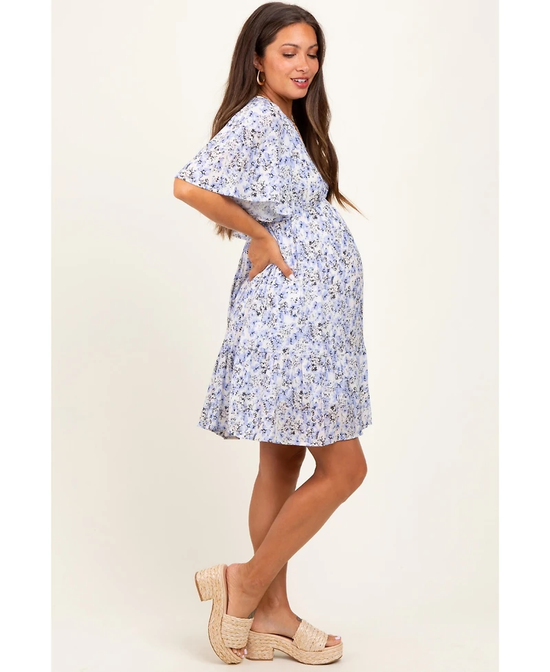 Pinkblush Women's Periwinkle Floral V-Neck Flutter Sleeve Maternity Mini Dress