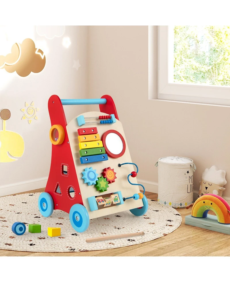 Gymax Wooden Baby Walker Baby Push Walker w/ Handle Storage & Wheels Walker Toy