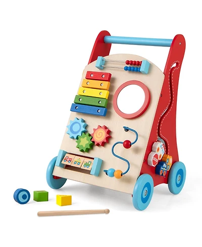 Gymax Wooden Baby Walker Baby Push Walker w/ Handle Storage & Wheels Walker Toy
