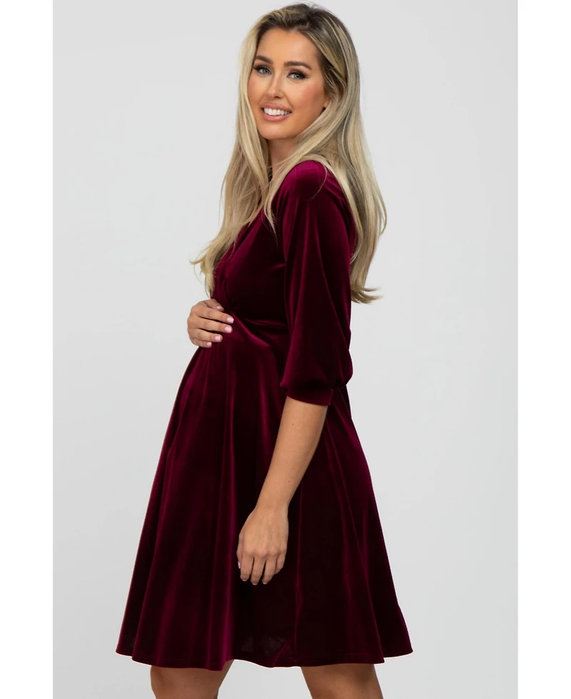 Pinkblush Burgundy Velvet Wrap Front Babydoll Maternity Dress