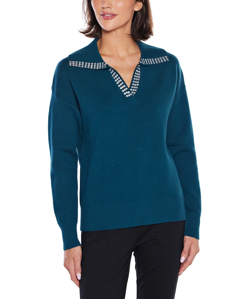 Belldini Women's Rhinestone-Trimmed Split-Neck Sweater