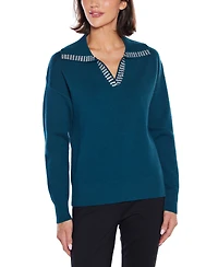 Belldini Women's Rhinestone-Trimmed Split-Neck Sweater
