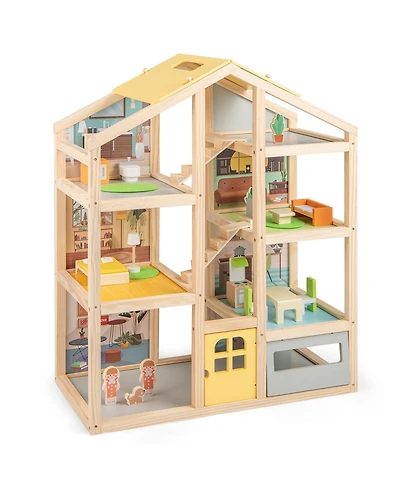 Wooden Dollhouse for Kids Modern Family Pretend Playhouse with Furniture Pieces and Figures