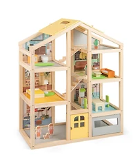 Wooden Dollhouse for Kids Modern Family Pretend Playhouse with Furniture Pieces and Figures