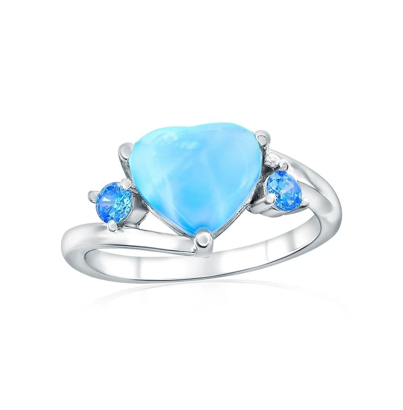 Caribbean Treasures Sterling Silver, Larimar Heart & Blue Cz Ring