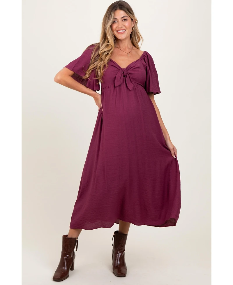 Pinkblush Maternity Plum Front Tie Ruffle Sleeve Midi Dress