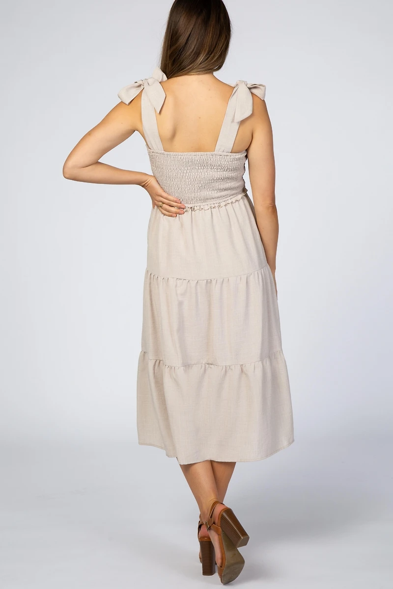 Pinkblush Maternity Beige Bow Strap Tiered Midi Dress