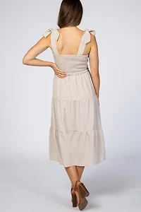 Pinkblush Maternity Beige Bow Strap Tiered Midi Dress