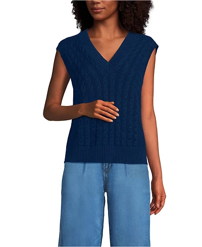 Lands' End Women's Drifter Modern Cable V Neck Vest Sweater