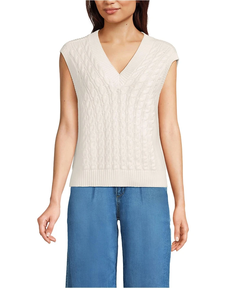 Lands' End Women's Drifter Modern Cable V Neck Vest Sweater