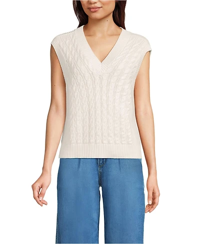 Lands' End Women's Drifter Modern Cable V Neck Vest Sweater