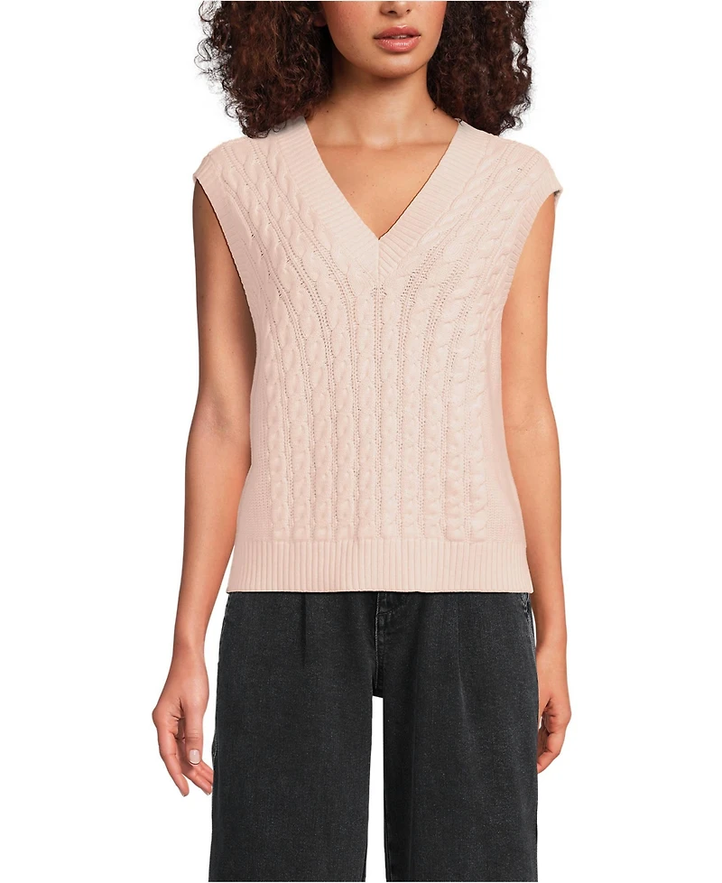 Lands' End Women's Drifter Modern Cable V Neck Vest Sweater