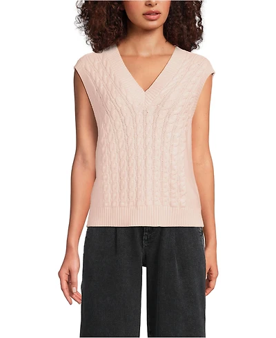 Lands' End Women's Drifter Modern Cable V Neck Vest Sweater