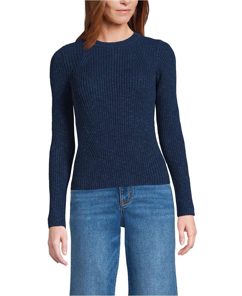 Lands' End Women's Cotton Blend Marl Ribbed Crew Neck Sweater
