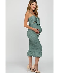 Pinkblush Women's Green Gingham Print Smocked Fitted Self-Tie Maternity Midi Dress