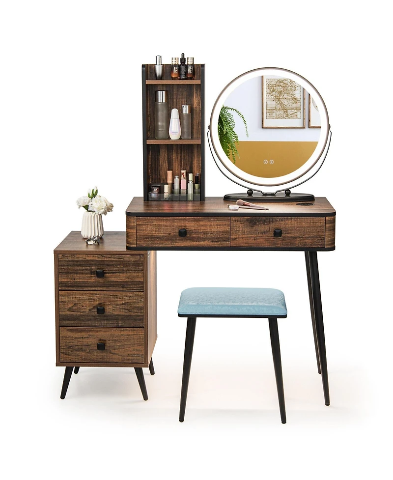 Vanity Table Set with 3-Color Lighted Mirror and Cushioned Stool