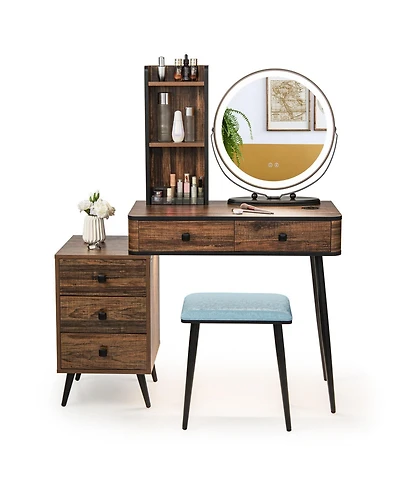 Vanity Table Set with 3-Color Lighted Mirror and Cushioned Stool