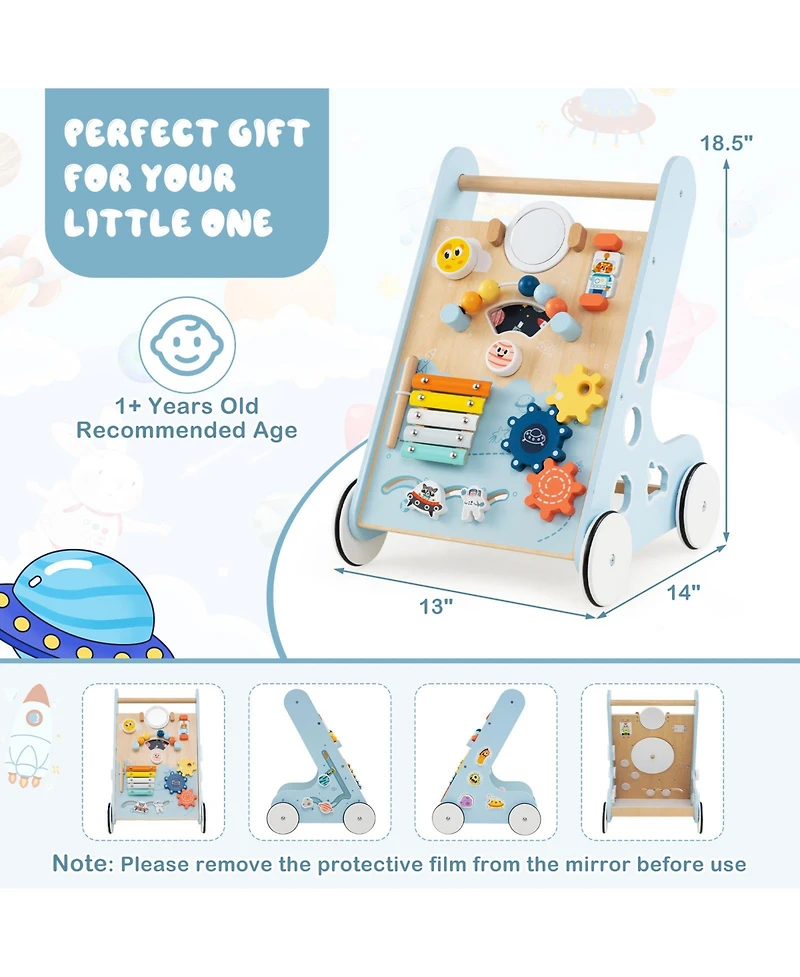 Gymax Wooden Baby Walker Push & Pull Learning Activity Center w/ Wheels Push Toy
