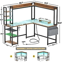 Aheaplus L-Shaped Desk with Hutch & Power Outlet, Corner Computer Led Lights