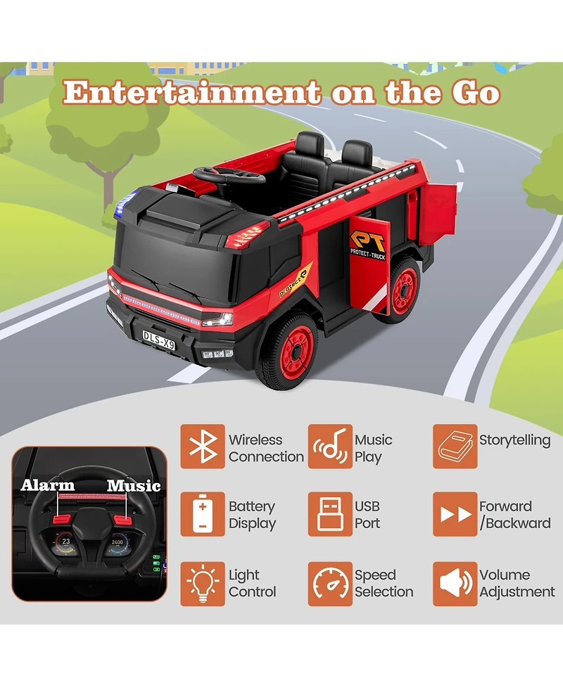 Gymax 2-Seater Kids Ride on Fire Truck w/Remote Control Water Gun Extinguisher Shovel
