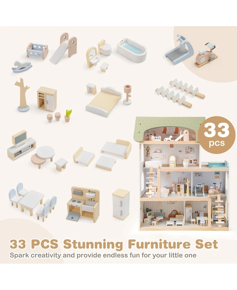 Wooden Dollhouse Kids Diy Pretend Playhouse with 33 Pcs Furniture Accessories
