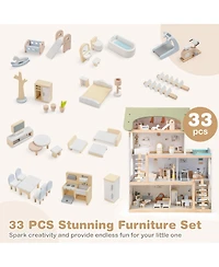 Wooden Dollhouse Kids Diy Pretend Playhouse with 33 Pcs Furniture Accessories