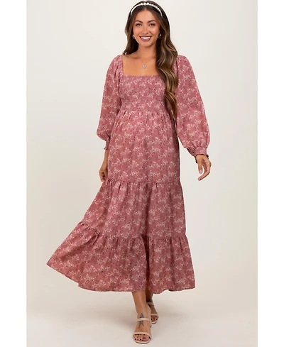 Pinkblush Mauve Floral Smocked Square Neck Maternity Maxi Dress