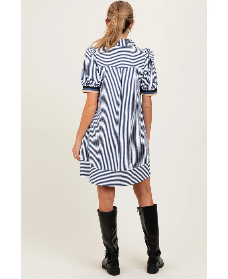 Pinkblush Maternity Navy Blue Striped Puff Sleeve Mini Shirt Dress