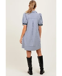 Pinkblush Maternity Navy Blue Striped Puff Sleeve Mini Shirt Dress