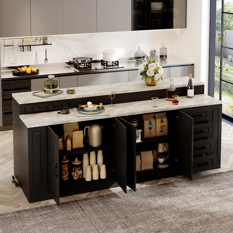 Kitchen island with 4 drawers, 4 doors, sockets, kitchen island storage table with dining table, coffee station and microwave rack for home, dining ro
