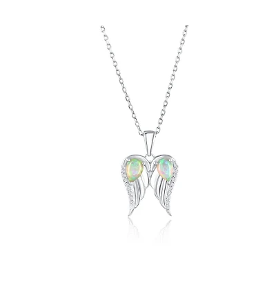 Sterling Silver, Pearshaped Opal, Cz Angel Wings Necklace