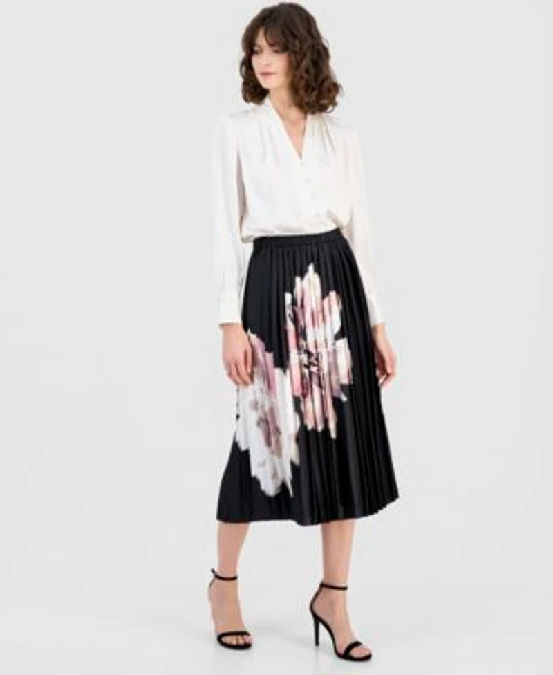 Anne Klein Womens V Neck Button Front Blouse Printed Pleated Midi Skirt