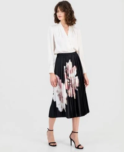Anne Klein Womens V Neck Button Front Blouse Printed Pleated Midi Skirt