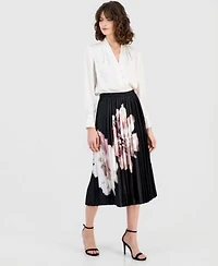 Anne Klein Womens V Neck Button Front Blouse Printed Pleated Midi Skirt
