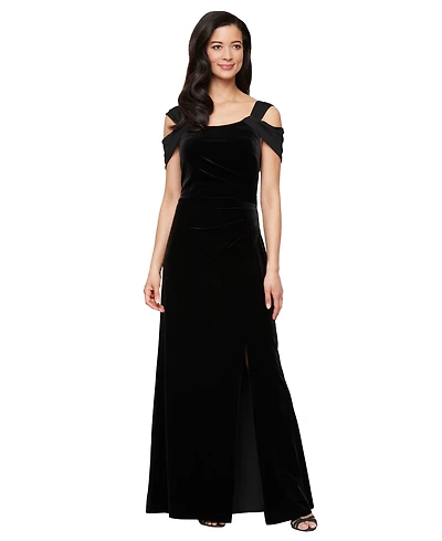 Alex Evenings Petite Long Cold-Shoulder Stretch Velvet Dress