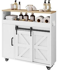 Ironck Toilet Paper Cabinet with Rolling Wheels, Paper Holes, White/Natural