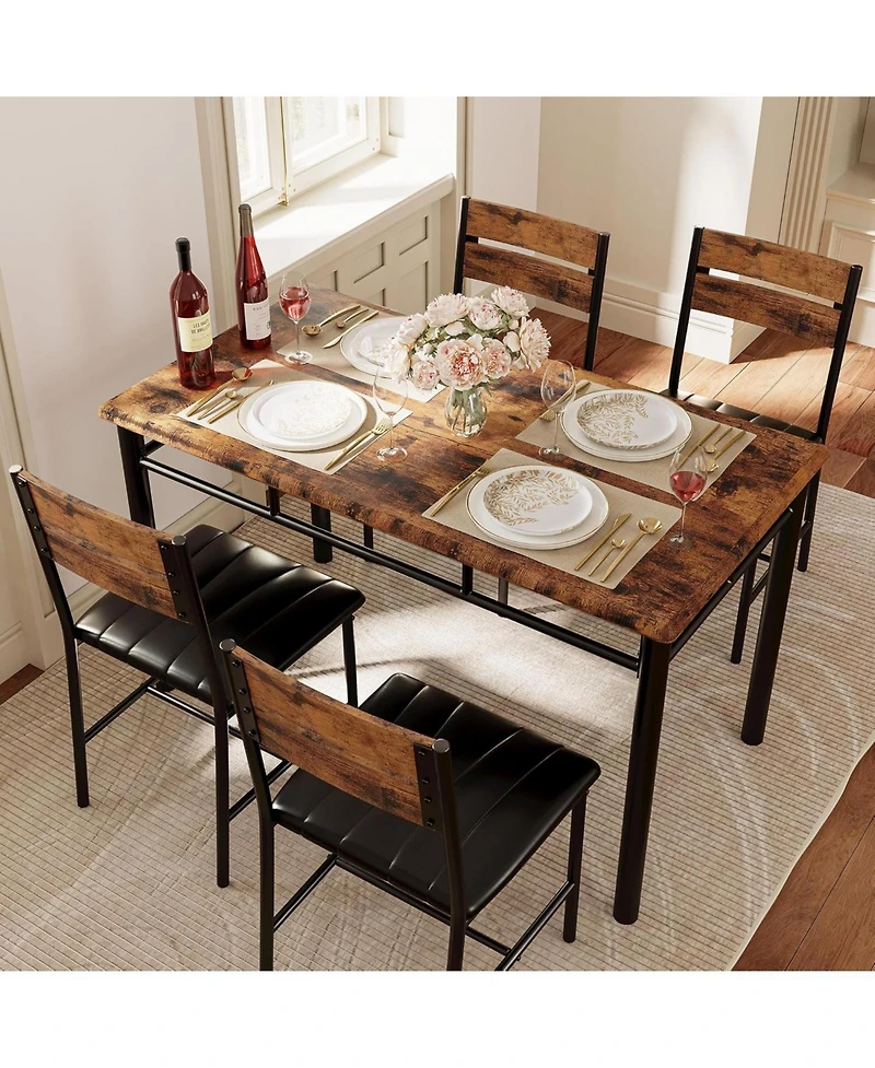 Ironck Wood Dining Table Set for 4, Rustic Brown