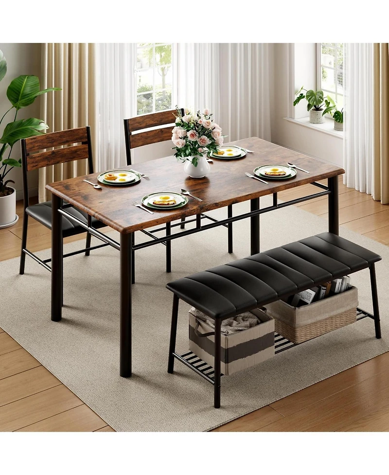 Ironck Dining Table Set for 4 with Upholstered Bench and 2 Chairs, Brown