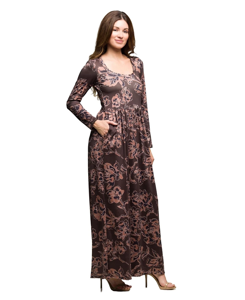 24seven Comfort Apparel Women's Brown Blush Floral Long Sleeve Dress