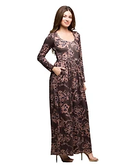 24seven Comfort Apparel Women's Brown Blush Floral Long Sleeve Dress