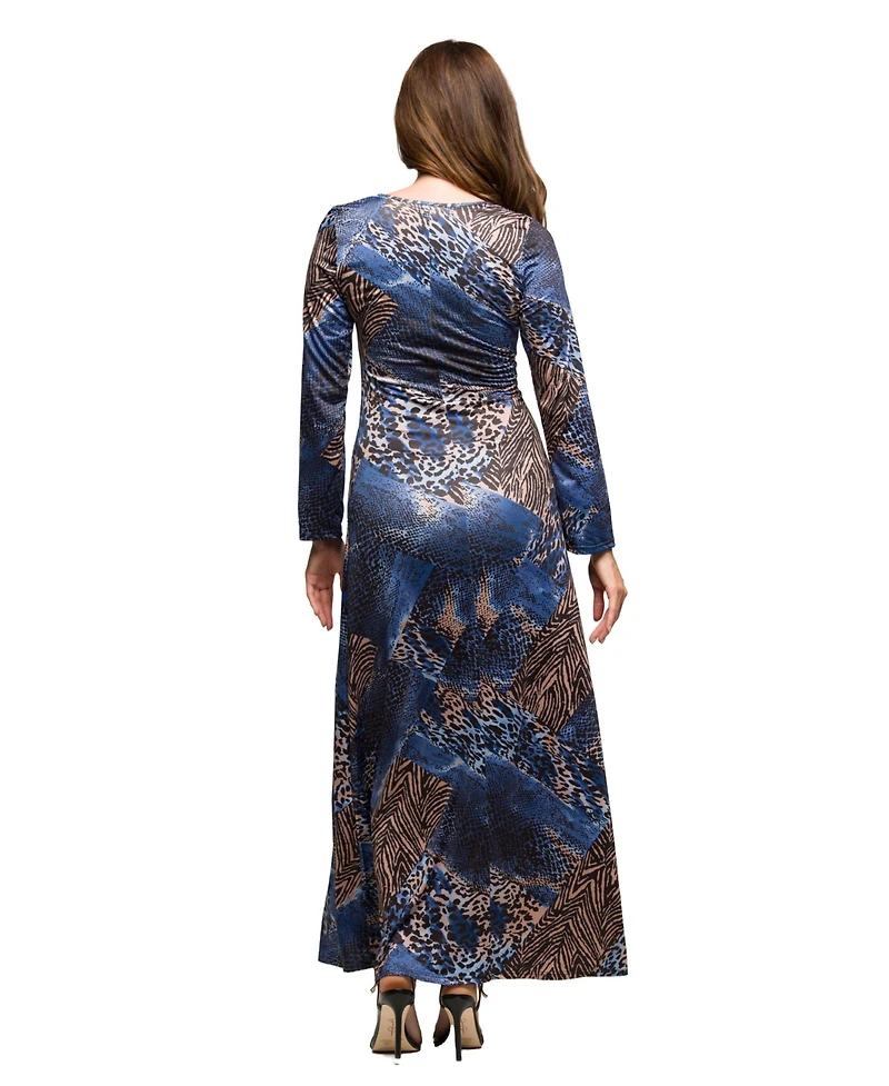 24seven Comfort Apparel Women's Blue Animal Print Long Sleeve Scoop Neck Maxi Dress