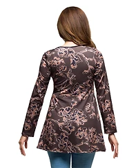 24seven Comfort Apparel Women's Brown Floral Print Long Sleeve Tunic Top
