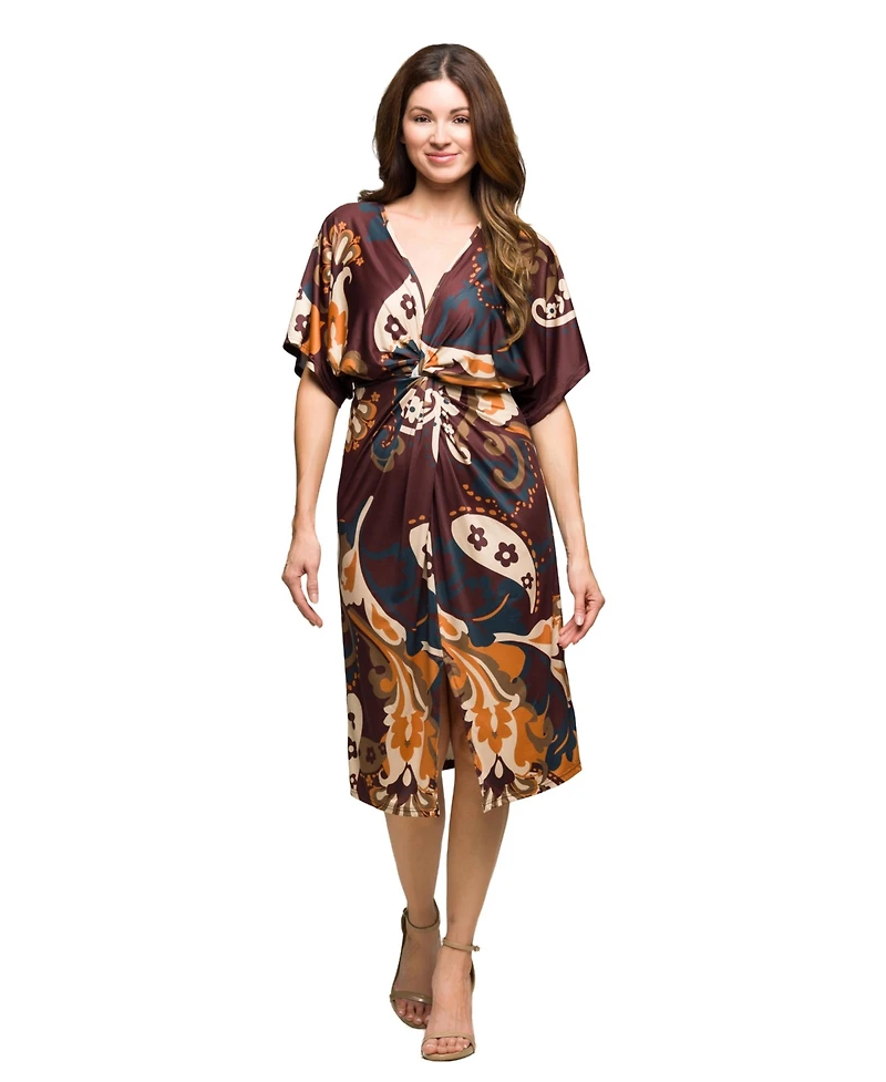 24seven Comfort Apparel Women's Short Sleeve Knot Front Midi Dress